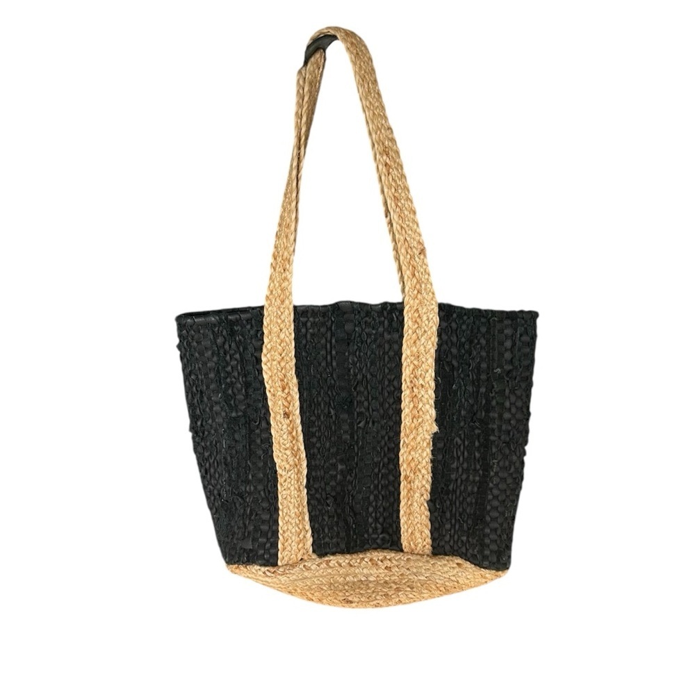 Black and Tan Woven Tote Bag Leather and Jute - Picture 2 of 8